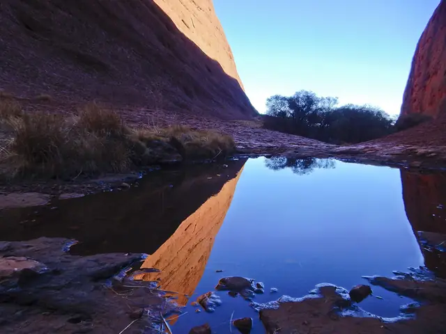 Small pools reflecting the red walls of Walpa Gorge, Kata Tjuta